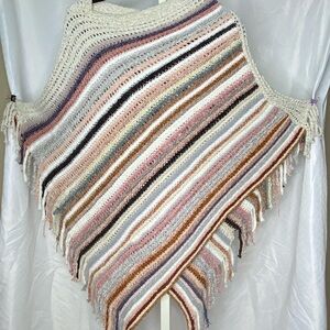 Cream-Multicolor Knit Poncho